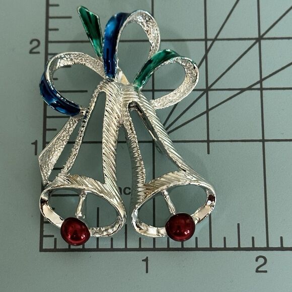Vintage GERRY'S Christmas BELL Brooch Pin Silver Tone Enamel 2-1/4" Beautiful - Picture 7 of 12